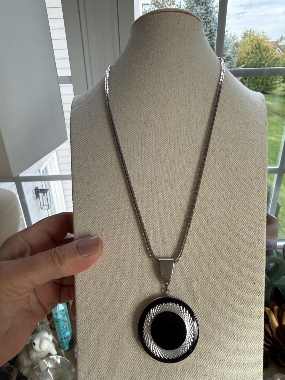 Silver and Black Art Deco Locket Pendant Necklace - Women's Fashion Jewelry
